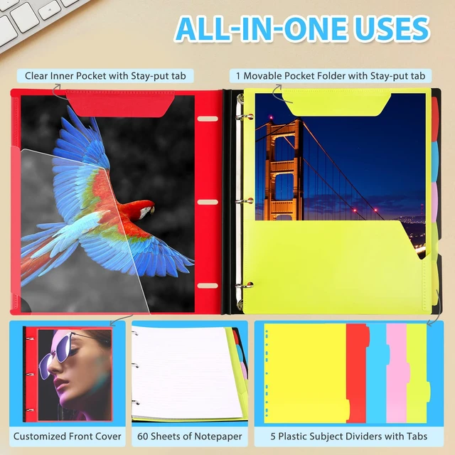 Alt view image 5 of 7 - 2-Pack Telescoping 3 Ring Binder Notebooks, Red Includes Front Cover / Tabbed Catalog Pocket / 5 Tab Dividers / 1 Pocket Folder / 60 Sheets of Paper