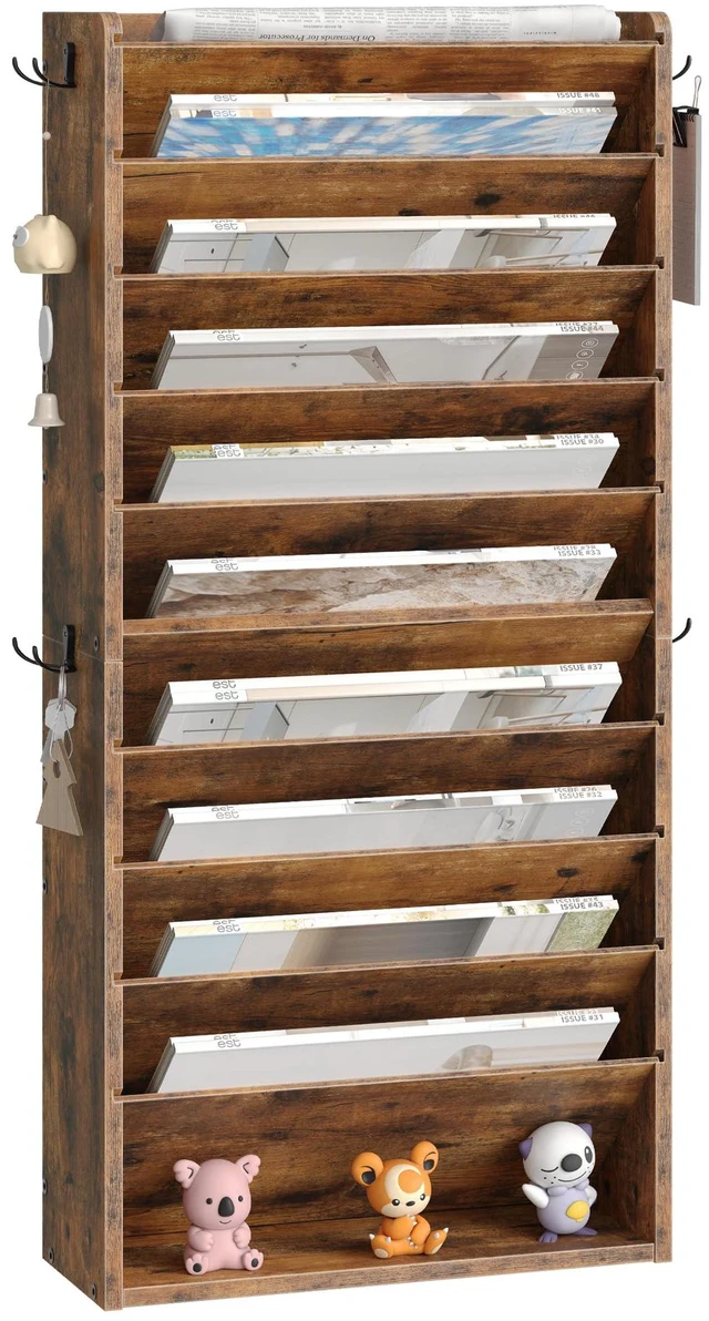 Main image of Wall File Organizer, 10-Tier Hanging Mail Organizer, Wall Mount File Holder with 4 Side Hooks, Mail and Storage Organizer, Wooden Vertical Hanging Holder for Office, Rustic Brown MWJ03FG
