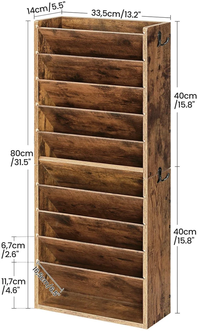 Alt view image 2 of 7 - Wall File Organizer, 10-Tier Hanging Mail Organizer, Wall Mount File Holder with 4 Side Hooks, Mail and Storage Organizer, Wooden Vertical Hanging Holder for Office, Rustic Brown MWJ03FG