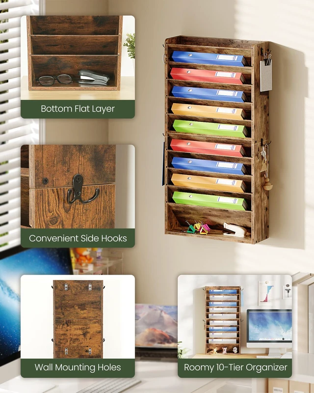 Alt view image 3 of 7 - Wall File Organizer, 10-Tier Hanging Mail Organizer, Wall Mount File Holder with 4 Side Hooks, Mail and Storage Organizer, Wooden Vertical Hanging Holder for Office, Rustic Brown MWJ03FG