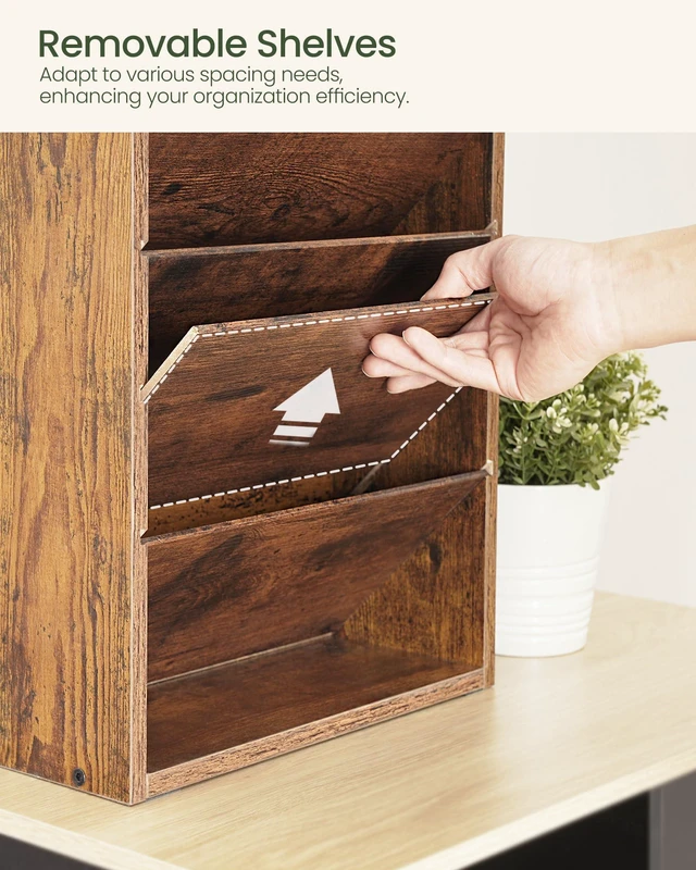 Alt view image 4 of 7 - Wall File Organizer, 10-Tier Hanging Mail Organizer, Wall Mount File Holder with 4 Side Hooks, Mail and Storage Organizer, Wooden Vertical Hanging Holder for Office, Rustic Brown MWJ03FG