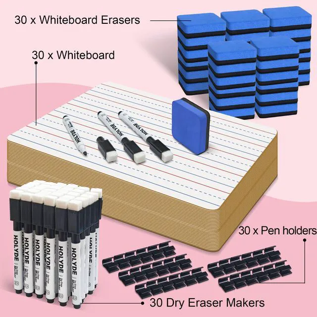 Alt view image 4 of 7 - Set of 30 Dry Erase Boards, Double Sided Small Whiteboards with Lines for Kids, Students, Teacher & Classroom Pack, 9"x12" Mini Individual White Boards Lined for Writing with 30 Markers, 30 Erasers