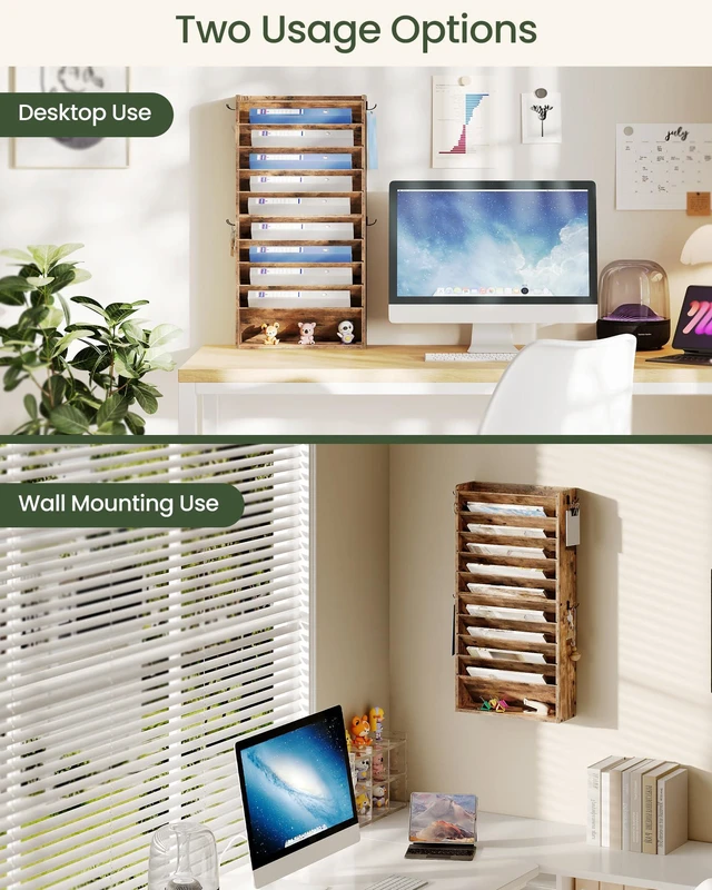 Alt view image 5 of 7 - Wall File Organizer, 10-Tier Hanging Mail Organizer, Wall Mount File Holder with 4 Side Hooks, Mail and Storage Organizer, Wooden Vertical Hanging Holder for Office, Rustic Brown MWJ03FG