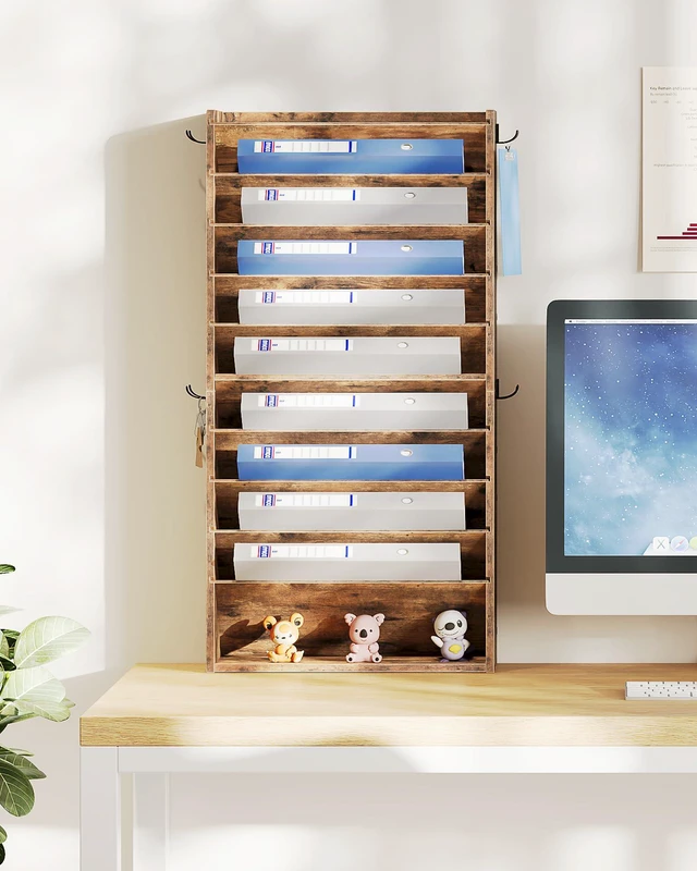 Alt view image 6 of 7 - Wall File Organizer, 10-Tier Hanging Mail Organizer, Wall Mount File Holder with 4 Side Hooks, Mail and Storage Organizer, Wooden Vertical Hanging Holder for Office, Rustic Brown MWJ03FG