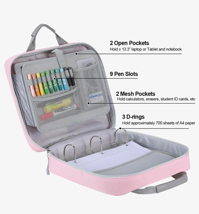 Alt view image 2 of 7 - Zipper Binder 3 Inch 3 Ring with Shoulder Strap Multi-Pocket,Tough Binder Bag with Laptop organizer for School Travel,Fit 13" MacBook & Tablet,700 Sheets Capacity,Water Resistant,Light Pink