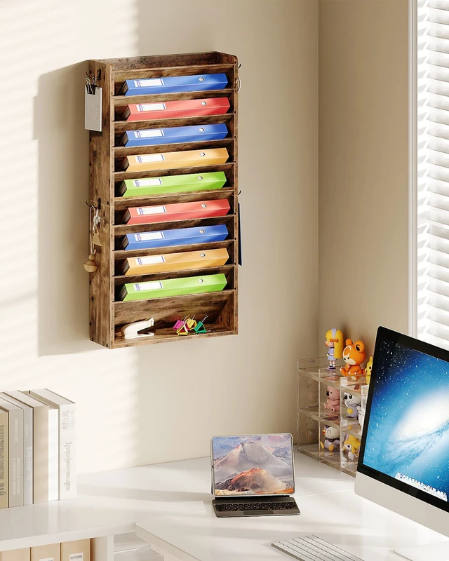 Alt view image 7 of 7 - Wall File Organizer, 10-Tier Hanging Mail Organizer, Wall Mount File Holder with 4 Side Hooks, Mail and Storage Organizer, Wooden Vertical Hanging Holder for Office, Rustic Brown MWJ03FG
