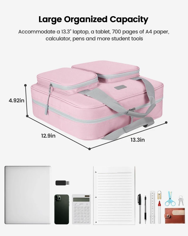 Alt view image 5 of 7 - Zipper Binder 3 Inch 3 Ring with Shoulder Strap Multi-Pocket,Tough Binder Bag with Laptop organizer for School Travel,Fit 13" MacBook & Tablet,700 Sheets Capacity,Water Resistant,Light Pink