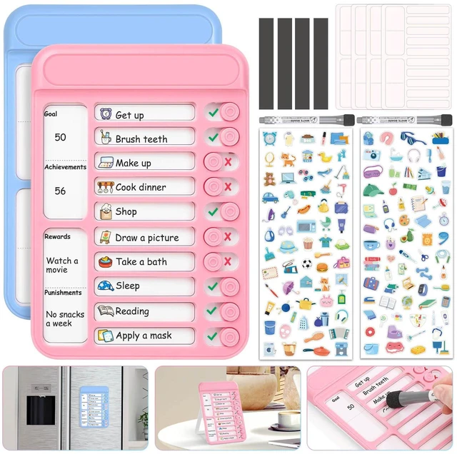 Main image of 2Pcs Dry Erase Chore Chart for Kids, Magnetic Checklist Board, My Chores Slider Chart to Do List Board, Routine Chart Schedule Board Task Tracker for Home Refrigerator, Wall, Desk (Blue & Pink)