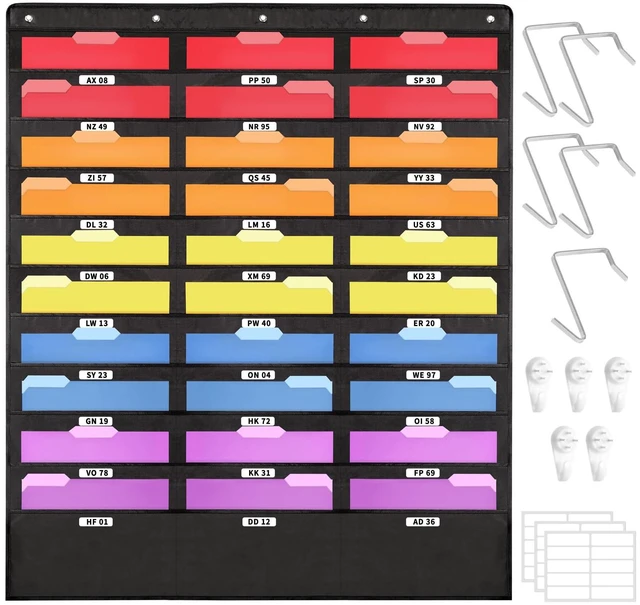 Main image of 30 Pockets Hanging Wall File Organizer, Black Storage Pocket Chart for File Folder and Paper, Space Saver for Office and Classroom, with Wall Hangers, Over The Door Hooks, Labels