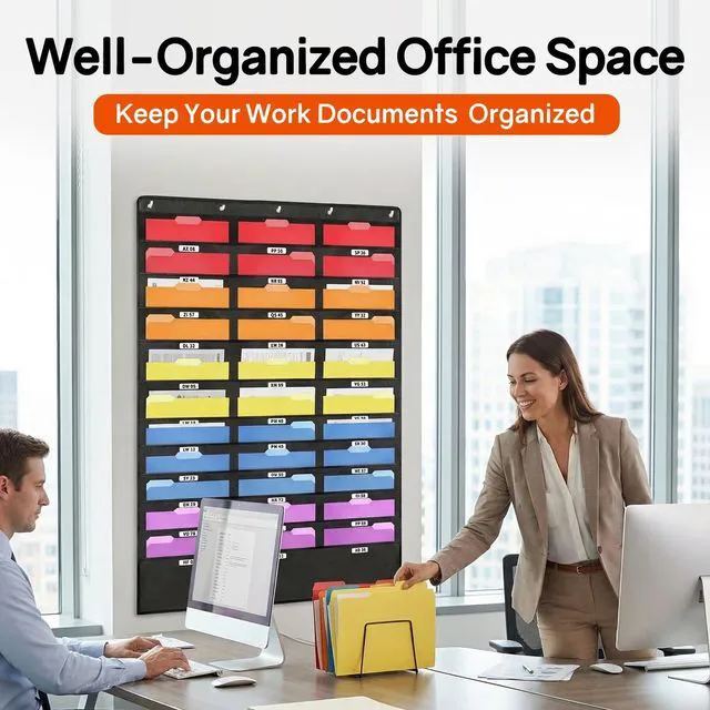 Alt view image 2 of 7 - 30 Pockets Hanging Wall File Organizer, Black Storage Pocket Chart for File Folder and Paper, Space Saver for Office and Classroom, with Wall Hangers, Over The Door Hooks, Labels