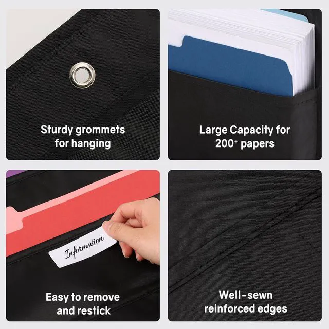 Alt view image 4 of 7 - 30 Pockets Hanging Wall File Organizer, Black Storage Pocket Chart for File Folder and Paper, Space Saver for Office and Classroom, with Wall Hangers, Over The Door Hooks, Labels