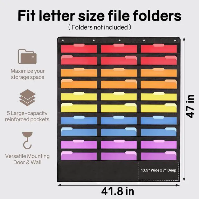 Alt view image 3 of 7 - 30 Pockets Hanging Wall File Organizer, Black Storage Pocket Chart for File Folder and Paper, Space Saver for Office and Classroom, with Wall Hangers, Over The Door Hooks, Labels