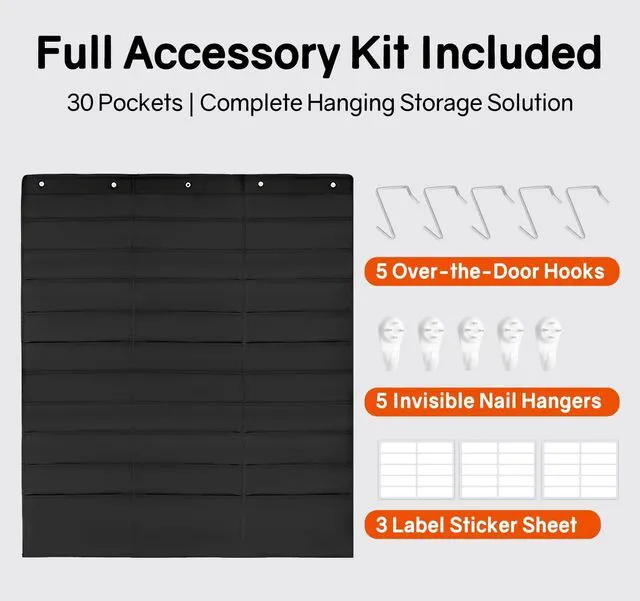 Alt view image 5 of 7 - 30 Pockets Hanging Wall File Organizer, Black Storage Pocket Chart for File Folder and Paper, Space Saver for Office and Classroom, with Wall Hangers, Over The Door Hooks, Labels