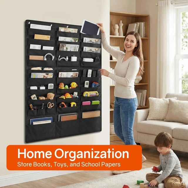 Alt view image 6 of 7 - 30 Pockets Hanging Wall File Organizer, Black Storage Pocket Chart for File Folder and Paper, Space Saver for Office and Classroom, with Wall Hangers, Over The Door Hooks, Labels