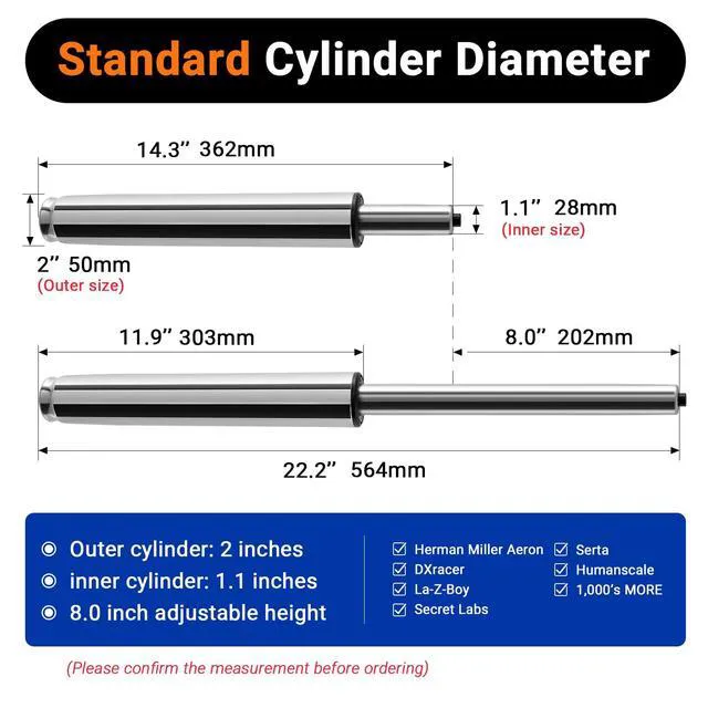 Alt view image 2 of 7 - Office Chair Cylinder Replacement (Polished Steel, 8 Height Range) Heavy Duty 1000lbs Class 4 Hydraulic Lift, Universal Pneumatic Piston Fit for Sinking Desk/Gaming Chairs
