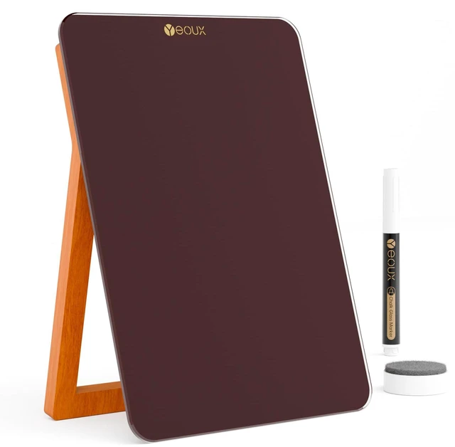 Main image of Desk Glass Dry Erase Board with Reversible Wood Stand 9.5"x6.7" Solid Beech Wood & Tempered Glass, Desktop Dry Erase Board, Small White Board, For Home & Office