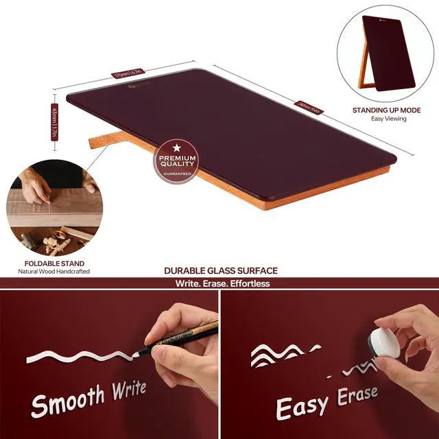 Alt view image 3 of 7 - Desk Glass Dry Erase Board with Reversible Wood Stand 9.5"x6.7" Solid Beech Wood & Tempered Glass, Desktop Dry Erase Board, Small White Board, For Home & Office