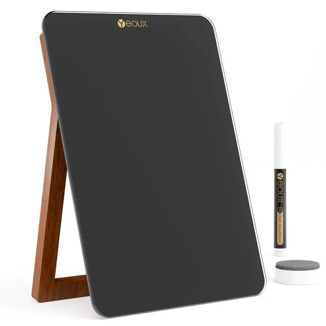 Main image of Desktop Black Glass Dry Erase Whiteboard with Reversible Wood Stand, Small Portable White Board Easel for Desk, Reusable Desk Notepad 9.5"x6.7" for Office, Home, School, Marker&Eraser Included