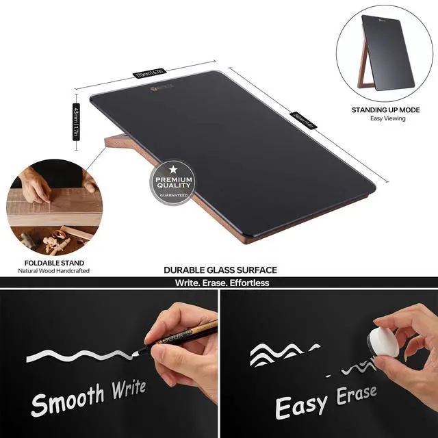 Alt view image 3 of 7 - Desktop Black Glass Dry Erase Whiteboard with Reversible Wood Stand, Small Portable White Board Easel for Desk, Reusable Desk Notepad 9.5"x6.7" for Office, Home, School, Marker&Eraser Included