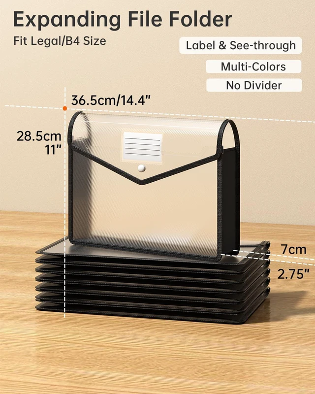 Alt view image 2 of 7 - 7 Pack Plastic Expanding File Folder, Fit Legal / B4 Size, Black Transparent Envelopes with Snap Closure, No Dividers, Large Capacity, Black File Folder Organizer Holder, Bills&Taxes