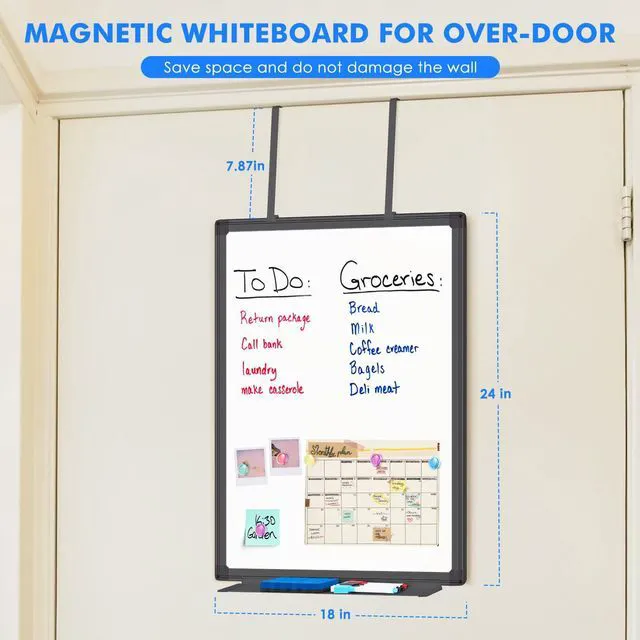 Alt view image 2 of 7 - Black Magnetic Dry Erase Board for Door 24 x 18 in No-Drill Adjustable Long Arm Hook Mount, Portable Hanging Whiteboard For Home, Dorm, Office, Cubicle And Small Spaces