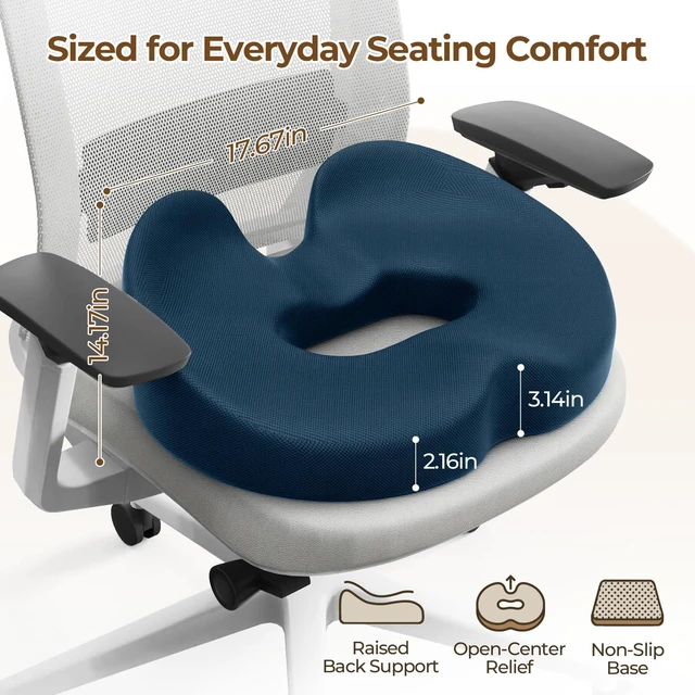 Alt view image 2 of 7 - Memory Foam Donut Pillow Seat Cushion with Raised Rear, Blue 7.5-Inch U-Shaped Opening Helps Reduce Tailbone Pressure; Washable Mesh Cover And Non-Slip Base Fit Office And Car Seats
