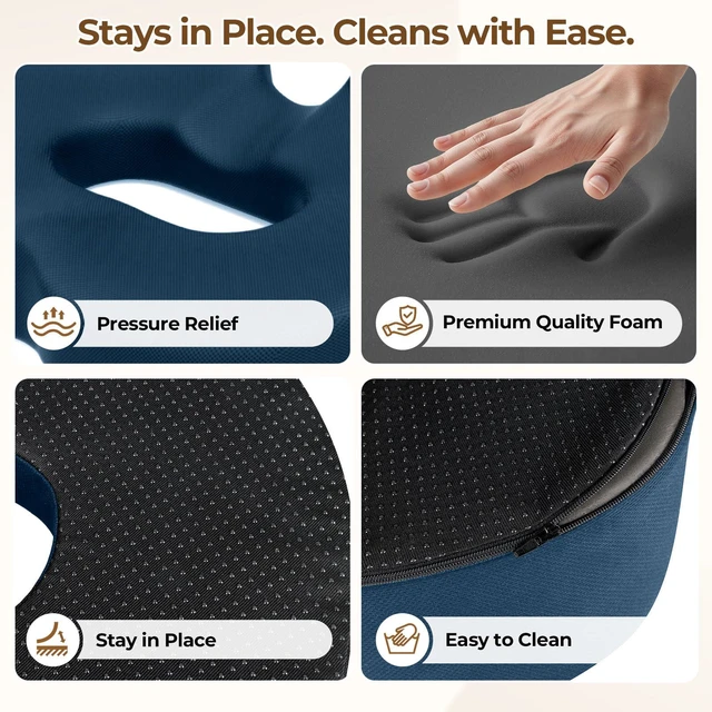 Alt view image 3 of 7 - Memory Foam Donut Pillow Seat Cushion with Raised Rear, Blue 7.5-Inch U-Shaped Opening Helps Reduce Tailbone Pressure; Washable Mesh Cover And Non-Slip Base Fit Office And Car Seats