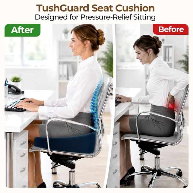 Alt view image 4 of 7 - Memory Foam Donut Pillow Seat Cushion with Raised Rear, Blue 7.5-Inch U-Shaped Opening Helps Reduce Tailbone Pressure; Washable Mesh Cover And Non-Slip Base Fit Office And Car Seats