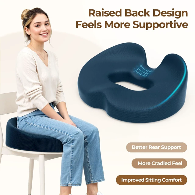 Alt view image 6 of 7 - Memory Foam Donut Pillow Seat Cushion with Raised Rear, Blue 7.5-Inch U-Shaped Opening Helps Reduce Tailbone Pressure; Washable Mesh Cover And Non-Slip Base Fit Office And Car Seats