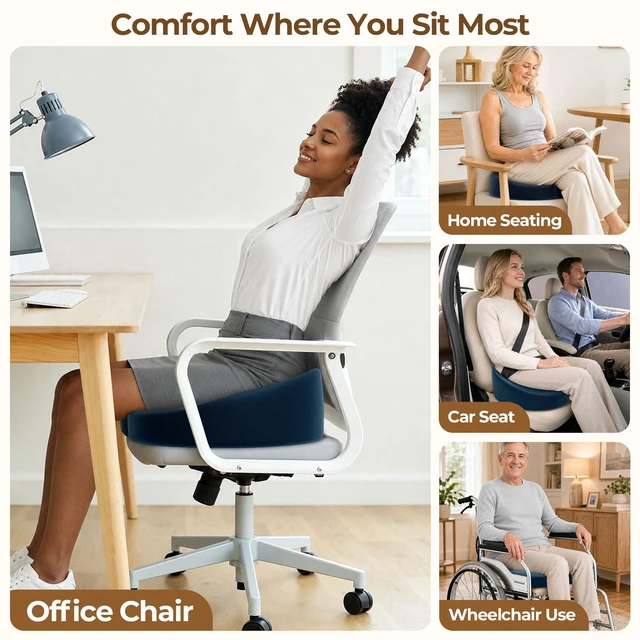 Alt view image 5 of 7 - Memory Foam Donut Pillow Seat Cushion with Raised Rear, Blue 7.5-Inch U-Shaped Opening Helps Reduce Tailbone Pressure; Washable Mesh Cover And Non-Slip Base Fit Office And Car Seats