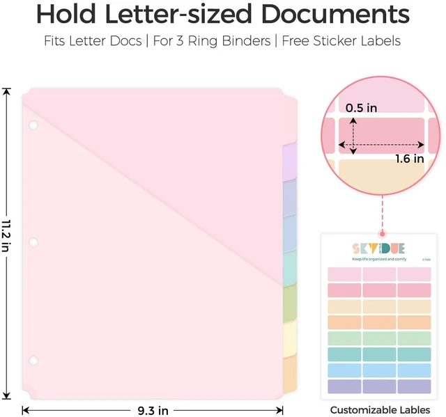 Alt view image 2 of 7 - 8 Tabs Dividers with 1 Clear Pocket, Durable Plastic Binder Dividers Dividers for 3 Ring Binders with Writable Labels,Insertable Lettersize Document Pocket,Organizer for School Office & Home