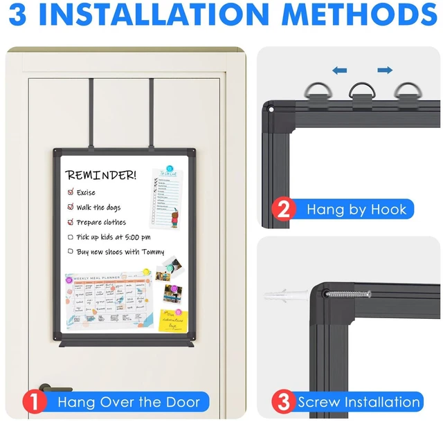 Alt view image 5 of 7 - Black Magnetic Dry Erase Board for Door 24 x 18 in No-Drill Adjustable Long Arm Hook Mount, Portable Hanging Whiteboard For Home, Dorm, Office, Cubicle And Small Spaces