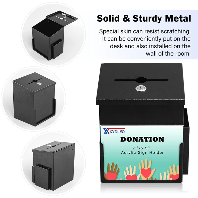 Alt view image 3 of 7 - Suggestion Box with Key Lock and Acrylic Sign Holder, Black Metal Donation/Ballot Box with 2 keys and 50 Free Cards, Tip Jar for Office, Fundraising, Church, School, 8.9''x 7.1''x 6.3''