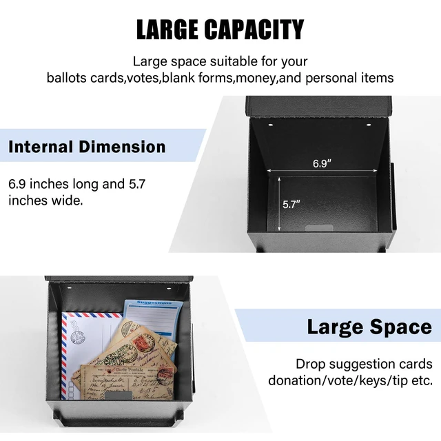Alt view image 6 of 7 - Suggestion Box with Key Lock and Acrylic Sign Holder, Black Metal Donation/Ballot Box with 2 keys and 50 Free Cards, Tip Jar for Office, Fundraising, Church, School, 8.9''x 7.1''x 6.3''