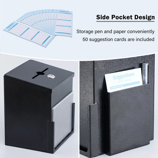Alt view image 7 of 7 - Suggestion Box with Key Lock and Acrylic Sign Holder, Black Metal Donation/Ballot Box with 2 keys and 50 Free Cards, Tip Jar for Office, Fundraising, Church, School, 8.9''x 7.1''x 6.3''
