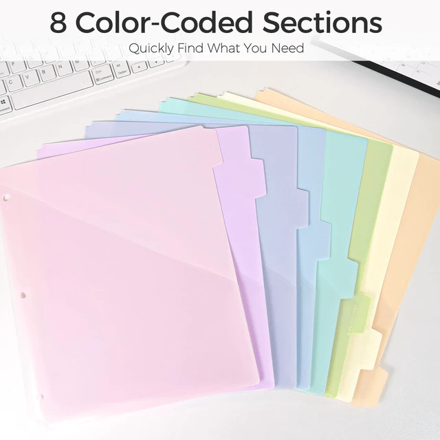 Alt view image 6 of 7 - 8 Tabs Dividers with 1 Clear Pocket, Durable Plastic Binder Dividers Dividers for 3 Ring Binders with Writable Labels,Insertable Lettersize Document Pocket,Organizer for School Office & Home