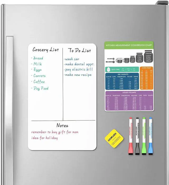 Main image of Magnetic Dry Erase Board: Small Fridge Whiteboard, Flexible Refrigerator Magnet White Board, Blank Writing Note Sheet with Kitchen Conversion Chart Magnet, 4 Markers & Eraser - 12 x 8