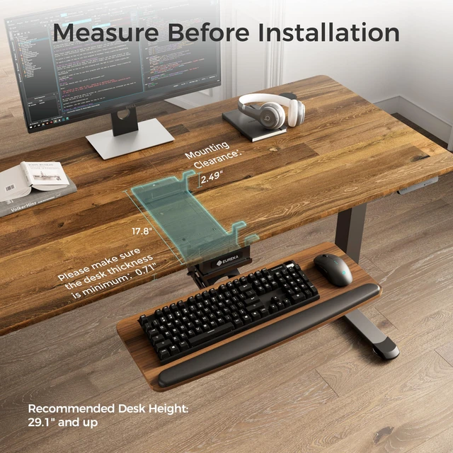 Alt view image 3 of 7 - Keyboard Tray Height Adjustable, Swivel Tilt Computer Keyboard Drawer Under Desk, 25x9.13'' Sliding Keyboard & Mouse Platform with Mouse Pad for Typing, Walnut