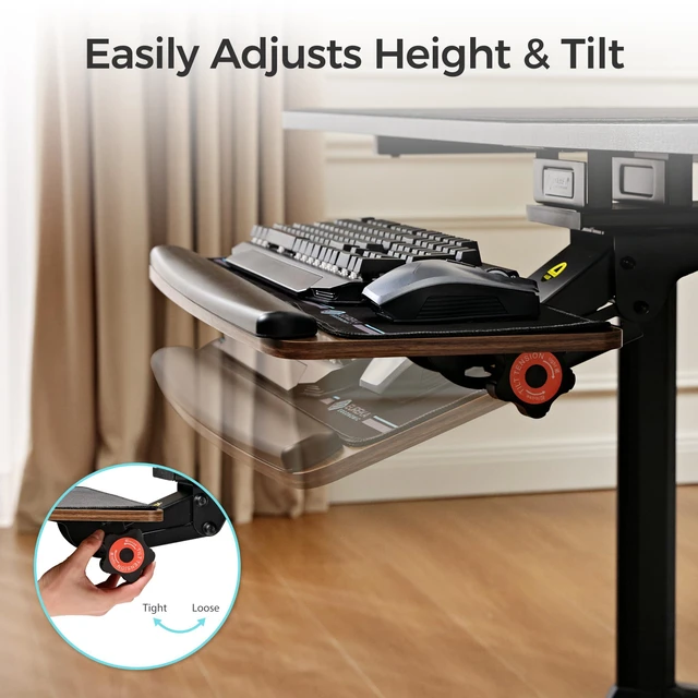Alt view image 6 of 7 - Keyboard Tray Height Adjustable, Swivel Tilt Computer Keyboard Drawer Under Desk, 25x9.13'' Sliding Keyboard & Mouse Platform with Mouse Pad for Typing, Walnut