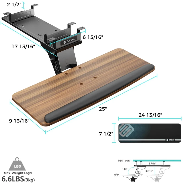 Alt view image 2 of 7 - Keyboard Tray Height Adjustable, Swivel Tilt Computer Keyboard Drawer Under Desk, 25x9.13'' Sliding Keyboard & Mouse Platform with Mouse Pad for Typing, Walnut