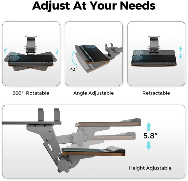 Alt view image 4 of 7 - Keyboard Tray Height Adjustable, Swivel Tilt Computer Keyboard Drawer Under Desk, 25x9.13'' Sliding Keyboard & Mouse Platform with Mouse Pad for Typing, Walnut