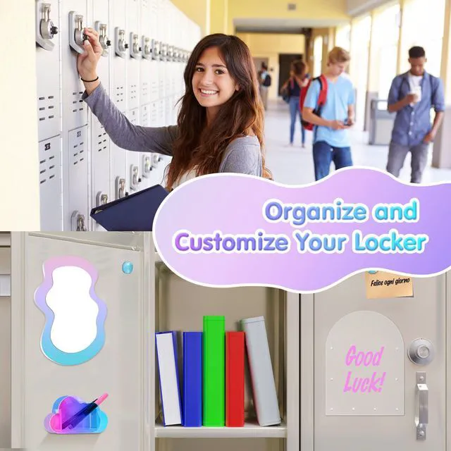 Alt view image 5 of 7 - 10Pcs Locker Accessories for Girls, Back to School Supplies Includes an acrylic board, locker mirror, eraser, pen holder, 2 marker pens and 4 round magnets for metal surfaces