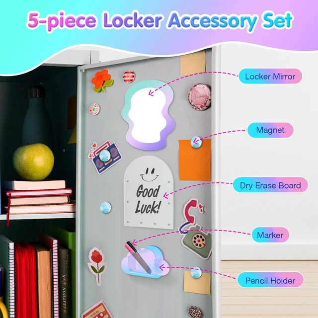 Alt view image 2 of 7 - 10Pcs Locker Accessories for Girls, Back to School Supplies Includes an acrylic board, locker mirror, eraser, pen holder, 2 marker pens and 4 round magnets for metal surfaces