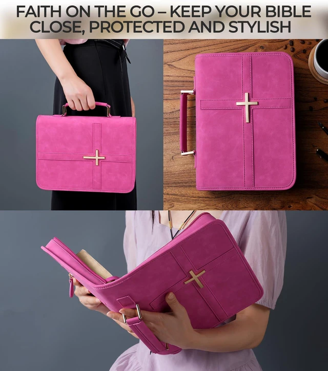Alt view image 5 of 6 - Vegan Leather Bible Cover Case, Bible Bag with Phone Pocket, Bible Case for Men Women, Christian Gift Box Packaging (Rose)