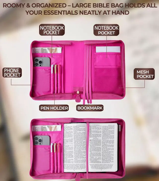 Alt view image 4 of 6 - Vegan Leather Bible Cover Case, Bible Bag with Phone Pocket, Bible Case for Men Women, Christian Gift Box Packaging (Rose)