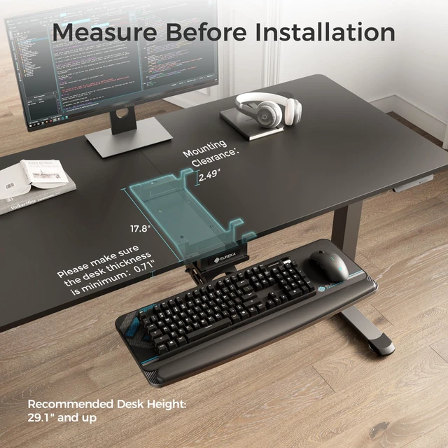 Alt view image 3 of 7 - Keyboard Tray Height Adjustable, Swivel Tilt Computer Keyboard Drawer Under Desk, 25x9.13'' Sliding Keyboard & Mouse Platform with Mouse Pad for Typing, Black