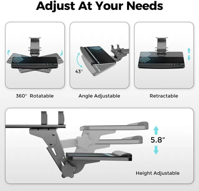Alt view image 4 of 7 - Keyboard Tray Height Adjustable, Swivel Tilt Computer Keyboard Drawer Under Desk, 25x9.13'' Sliding Keyboard & Mouse Platform with Mouse Pad for Typing, Black