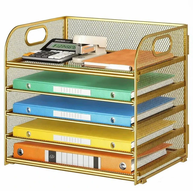 Main image of Desk Paper Organizer Trays, Gold 5-Tier Mesh File Folder Sorter with Handles, Letter Holder Organizer for Office, Home, School Supplies Storage & Organization