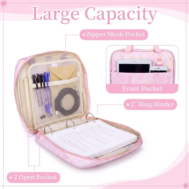 Alt view image 3 of 6 - Zipper Binder Folder Keeper with Strap 2", 3 Ring, Pink, Marble Coquette Multi-Pocket Zipper Bag, Fabric, 13" Laptop 5-Tab Expanding File Folder, Women Men, Office Middle High School
