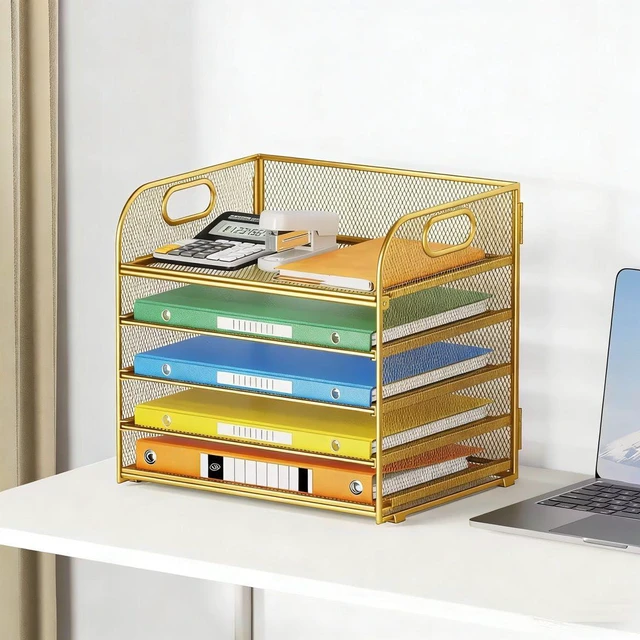 Alt view image 3 of 5 - Desk Paper Organizer Trays, Gold 5-Tier Mesh File Folder Sorter with Handles, Letter Holder Organizer for Office, Home, School Supplies Storage & Organization
